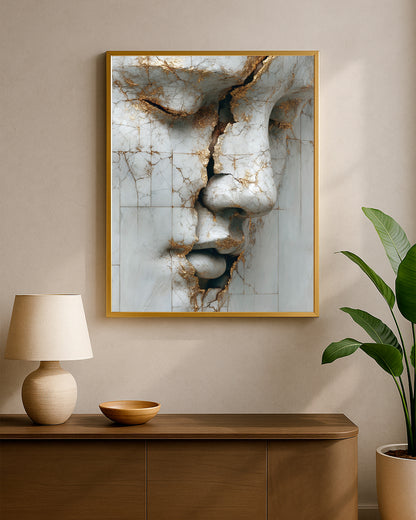 Sculptural face print with cracked marble surface, deep shadows, and refined gold line details.