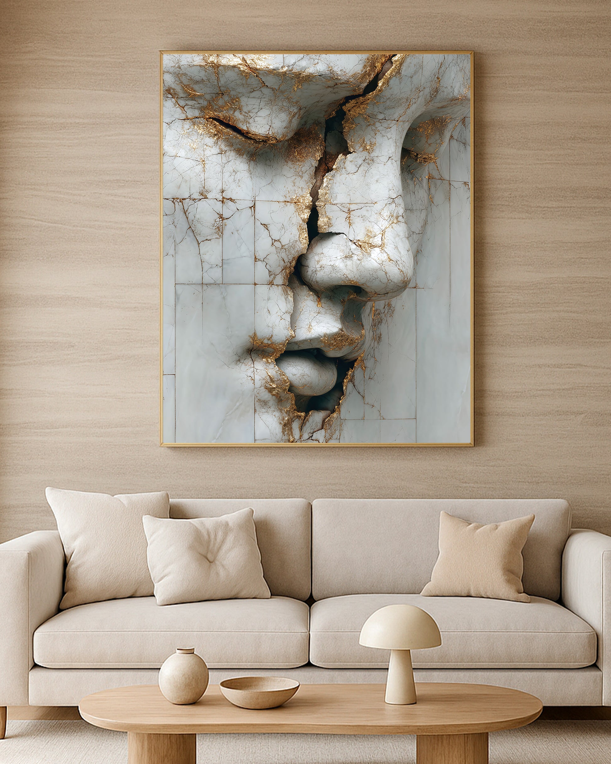 Modern abstract portrait artwork featuring a white marble face with gold cracks and architectural texture.