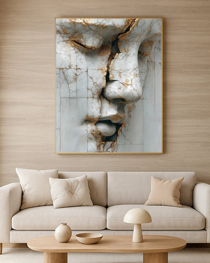 Modern abstract portrait artwork featuring a white marble face with gold cracks and architectural texture.