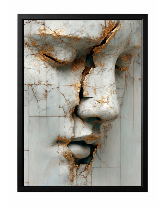 Abstract cracked marble face wall art with white stone texture, gold fissures, and sculptural portrait detail.
