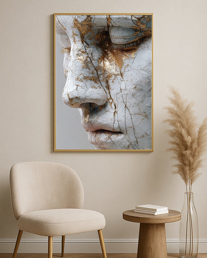 Side profile sculptural portrait artwork with broken marble texture and metallic gold crack details.