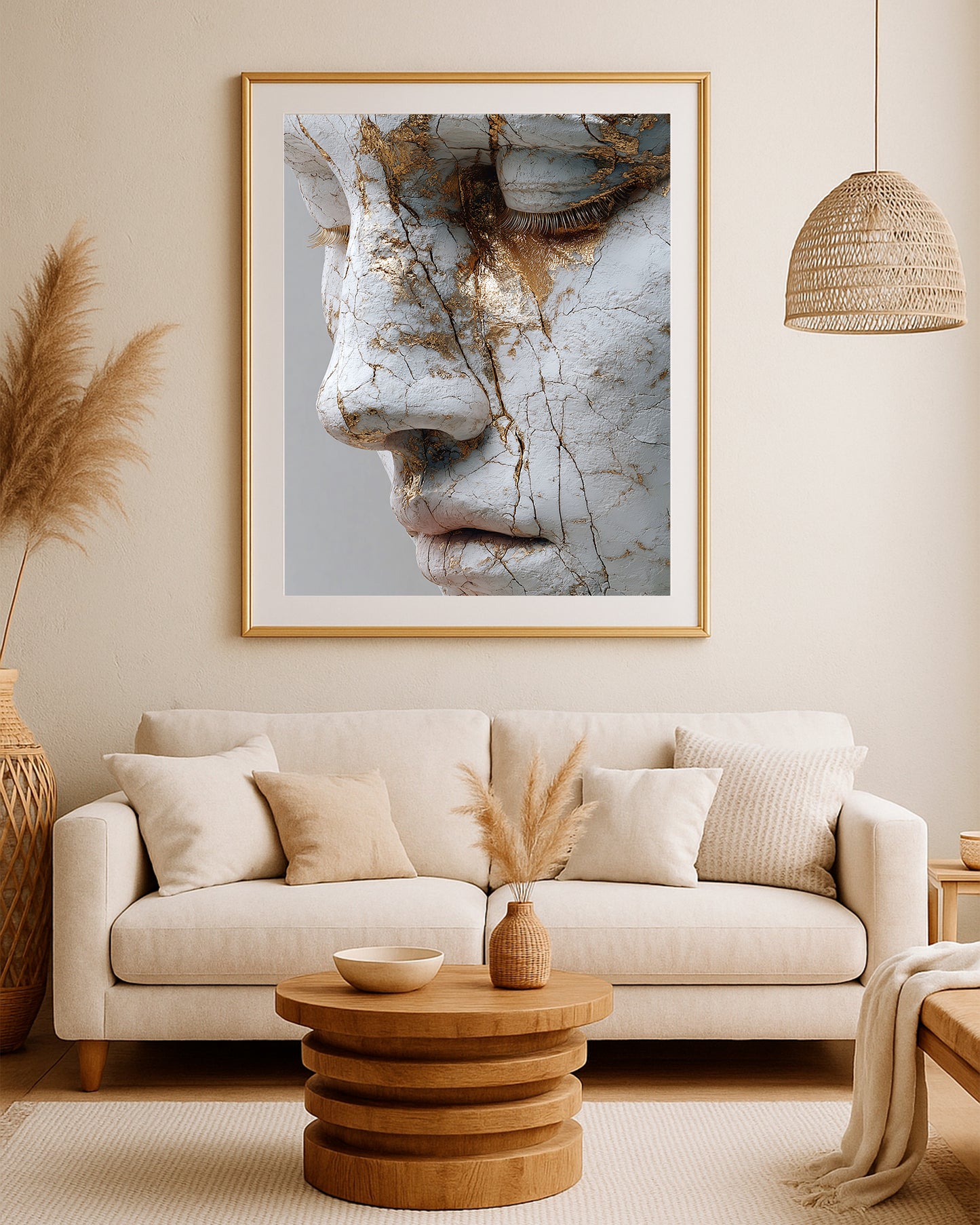 Abstract face print showing a weathered white stone profile with gold accents and dramatic texture.