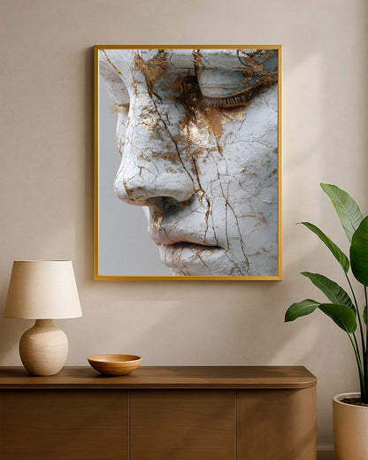 Minimal marble portrait wall art with closed eye, cracked surface, and refined neutral-gold palette.