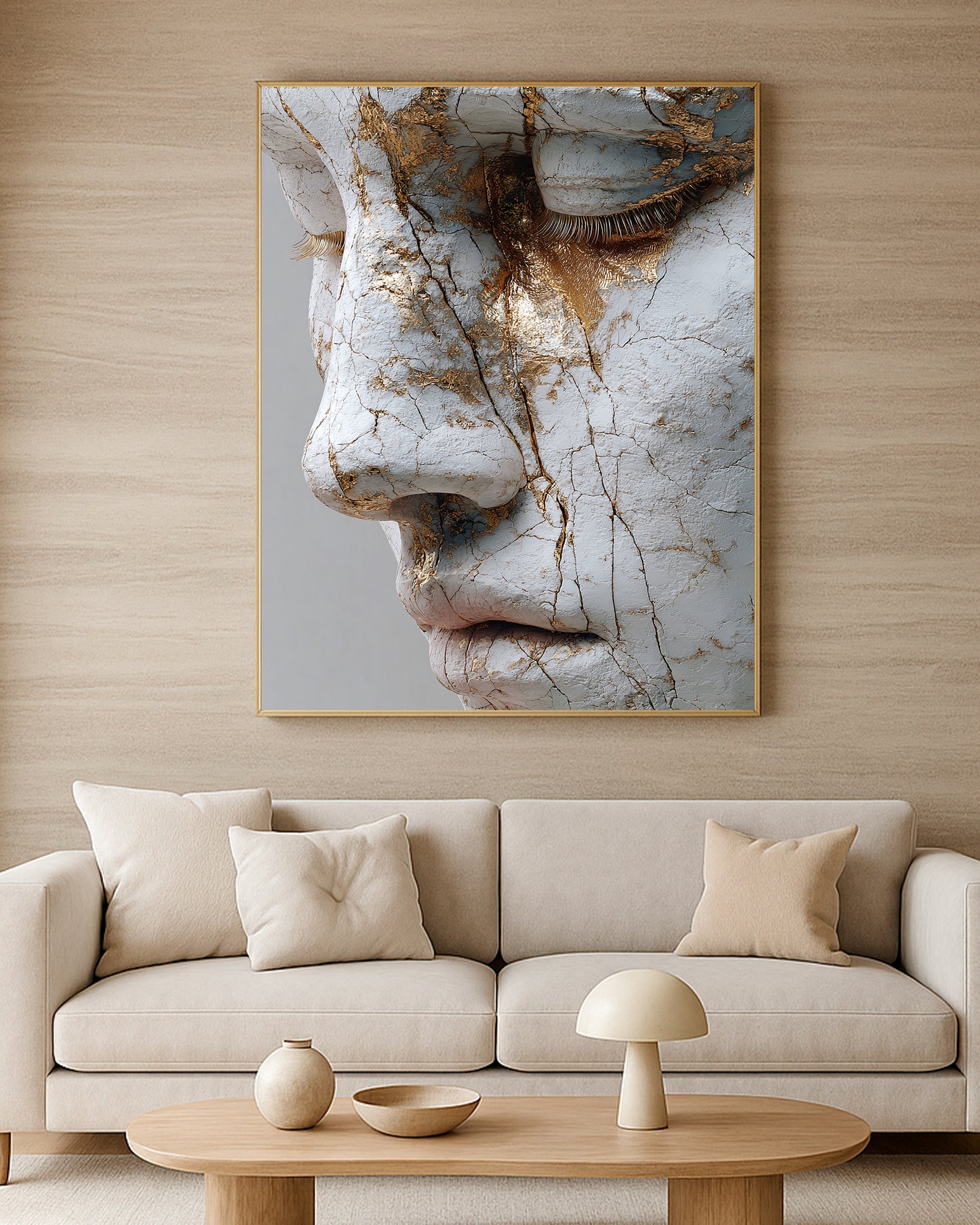 Modern sculptural face artwork featuring white marble texture, aged cracks, and elegant gold highlights.