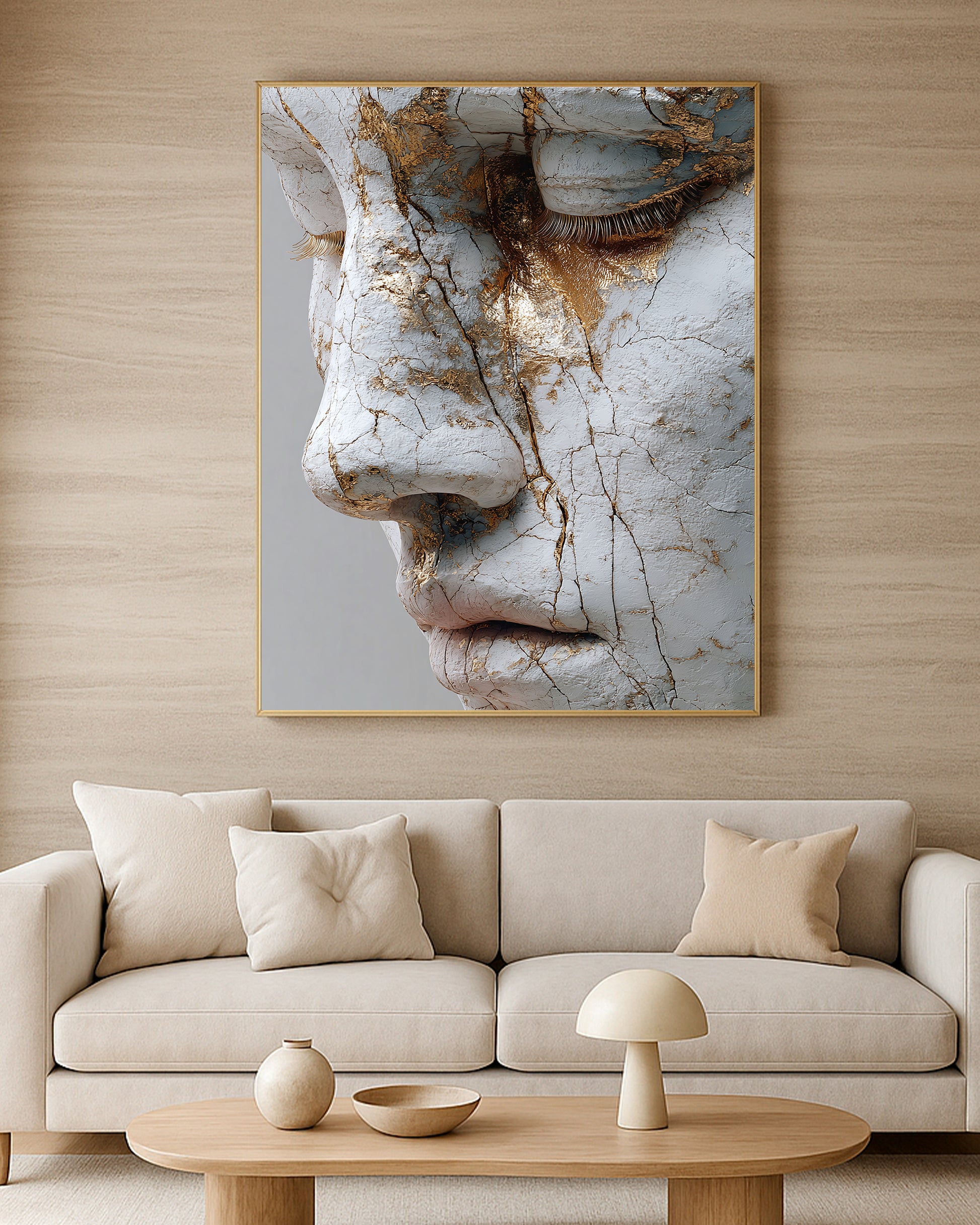 Modern sculptural face artwork featuring white marble texture, aged cracks, and elegant gold highlights.
