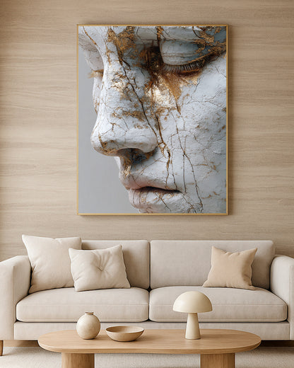 Modern sculptural face artwork featuring white marble texture, aged cracks, and elegant gold highlights.