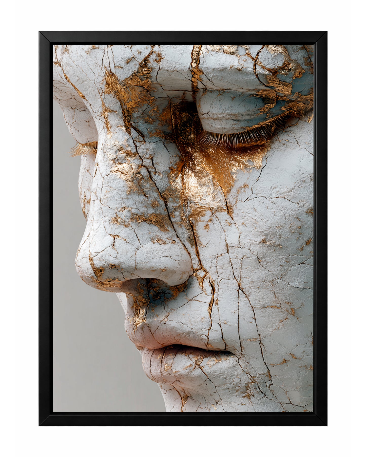 Cracked marble profile face wall art with closed eye, white stone surface, and warm gold fissures.