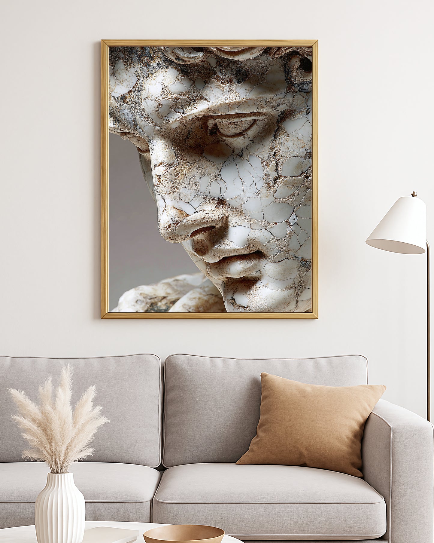 Antique-inspired marble portrait print with fragmented ivory stone, brown patina, and deep shadow detail.