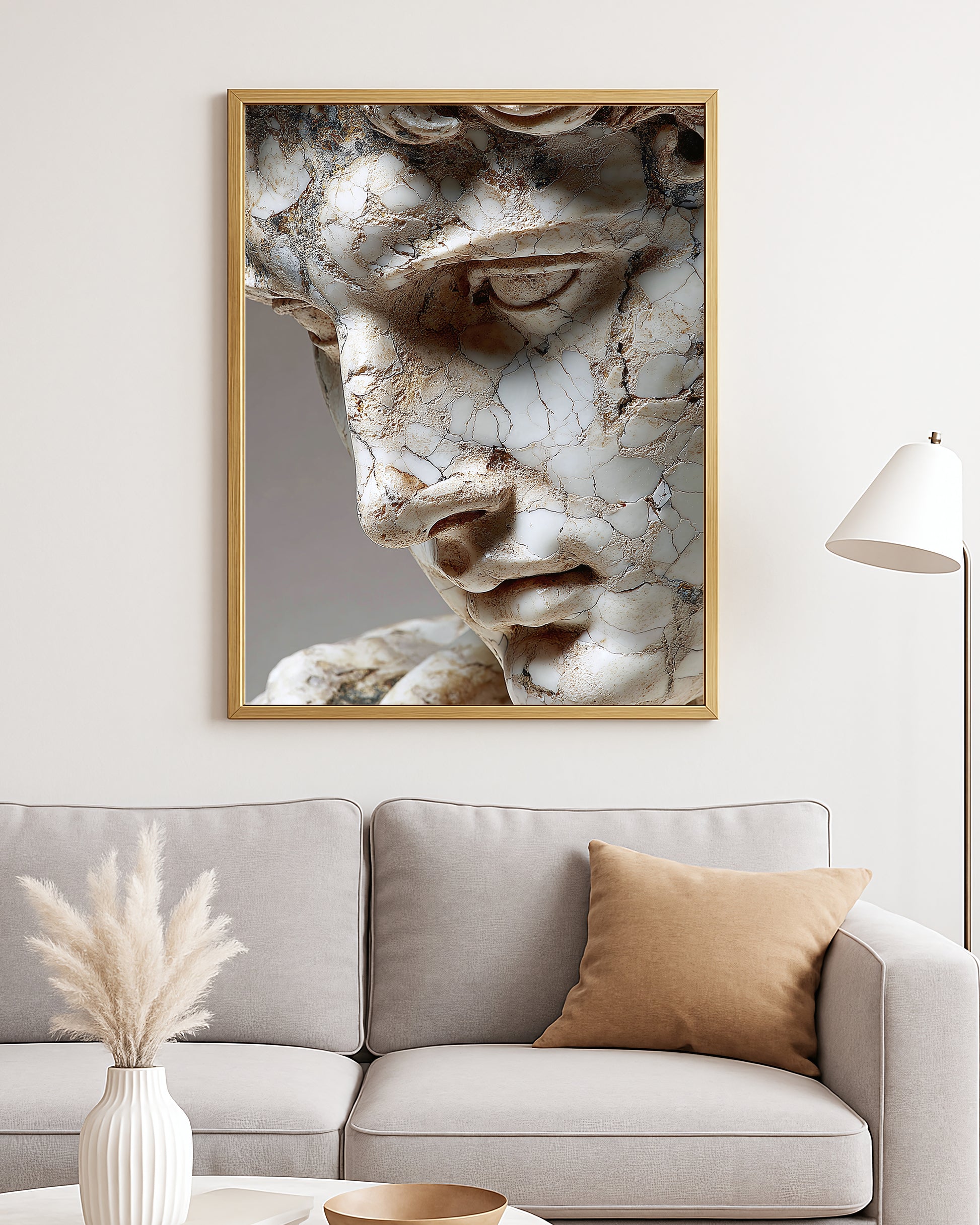 Antique-inspired marble portrait print with fragmented ivory stone, brown patina, and deep shadow detail.
