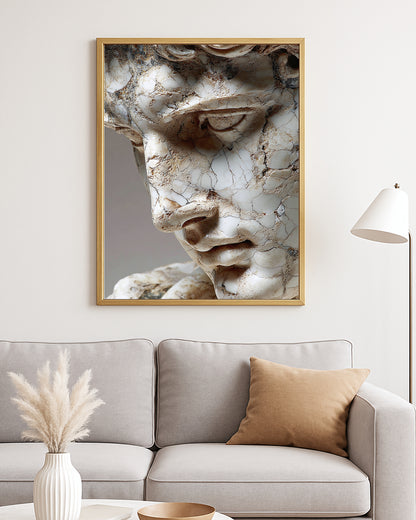 Antique-inspired marble portrait print with fragmented ivory stone, brown patina, and deep shadow detail.