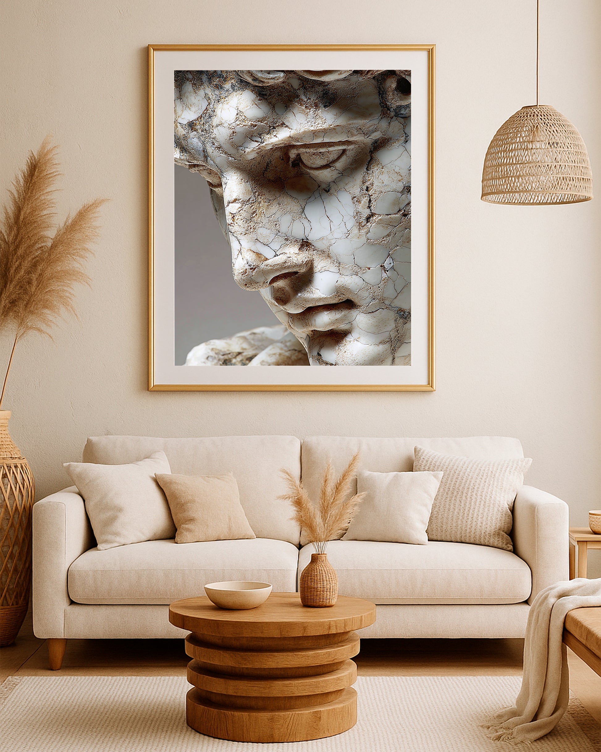 Sculptural face wall art featuring cracked stone texture, calm expression, and refined classical style.