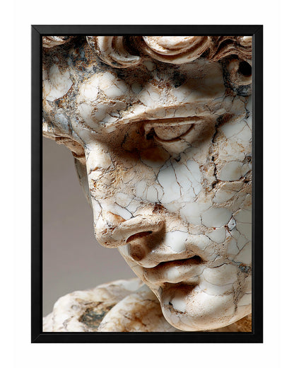 Cracked marble statue face wall art with ivory stone texture, weathered brown patina, and dramatic sculptural detail.