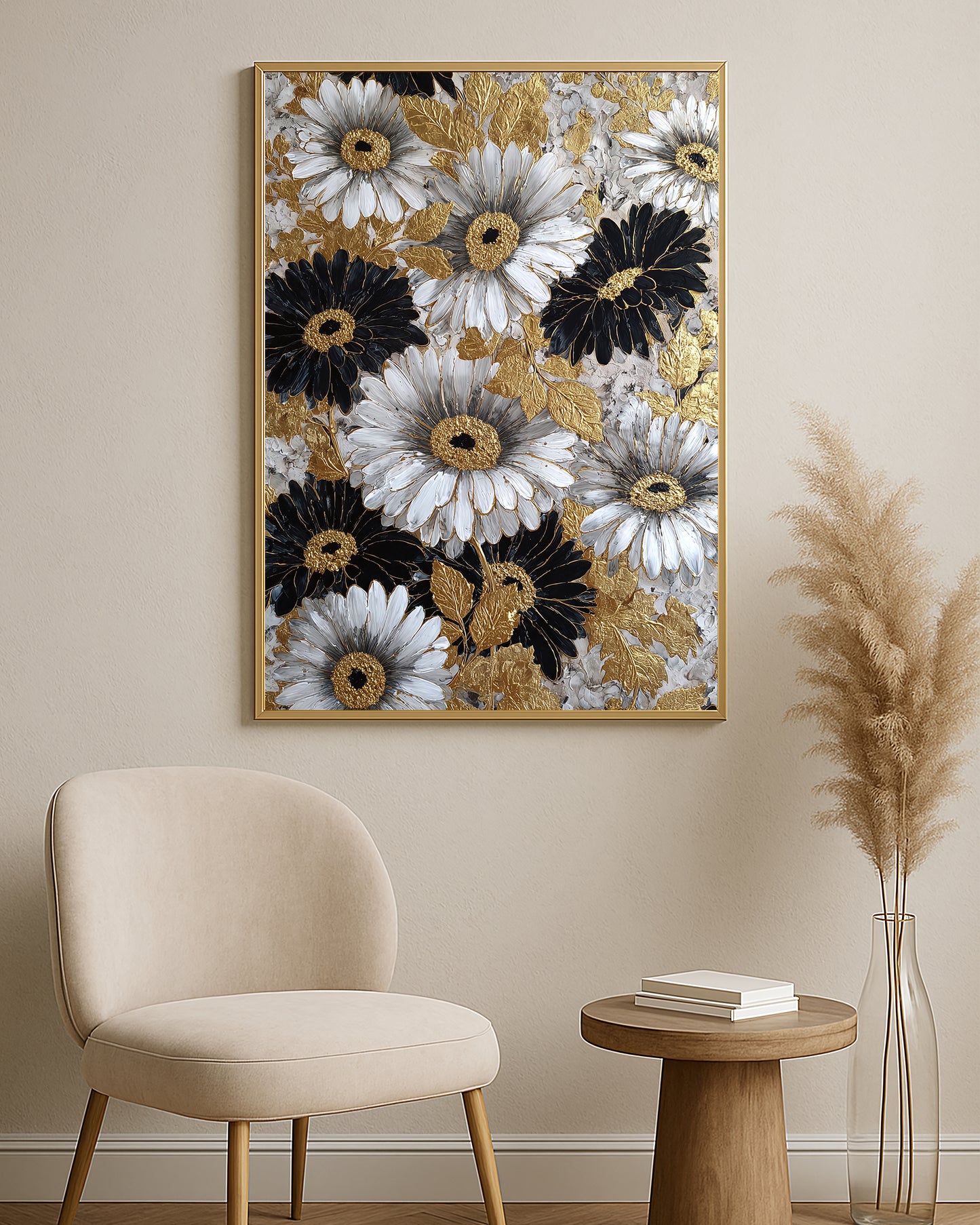Elegant daisy artwork featuring black and white flowers, raised gold foliage, and layered floral texture.