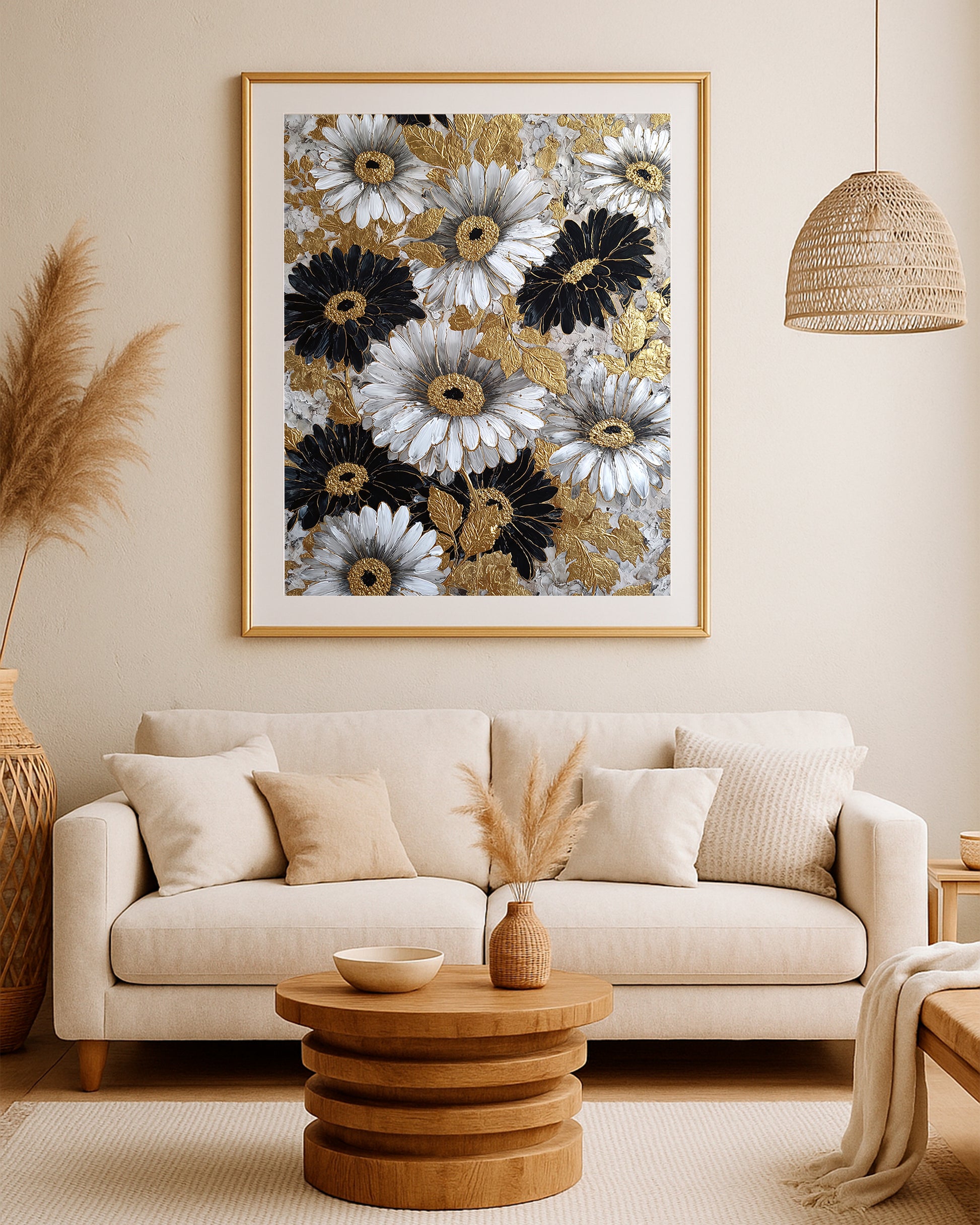 Textured floral print with white daisies, black daisies, gold leaves, and detailed botanical accents.