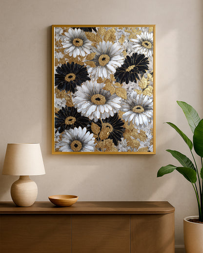 Luxury botanical wall art showing daisies in black, white, and gold over a richly textured floral background.