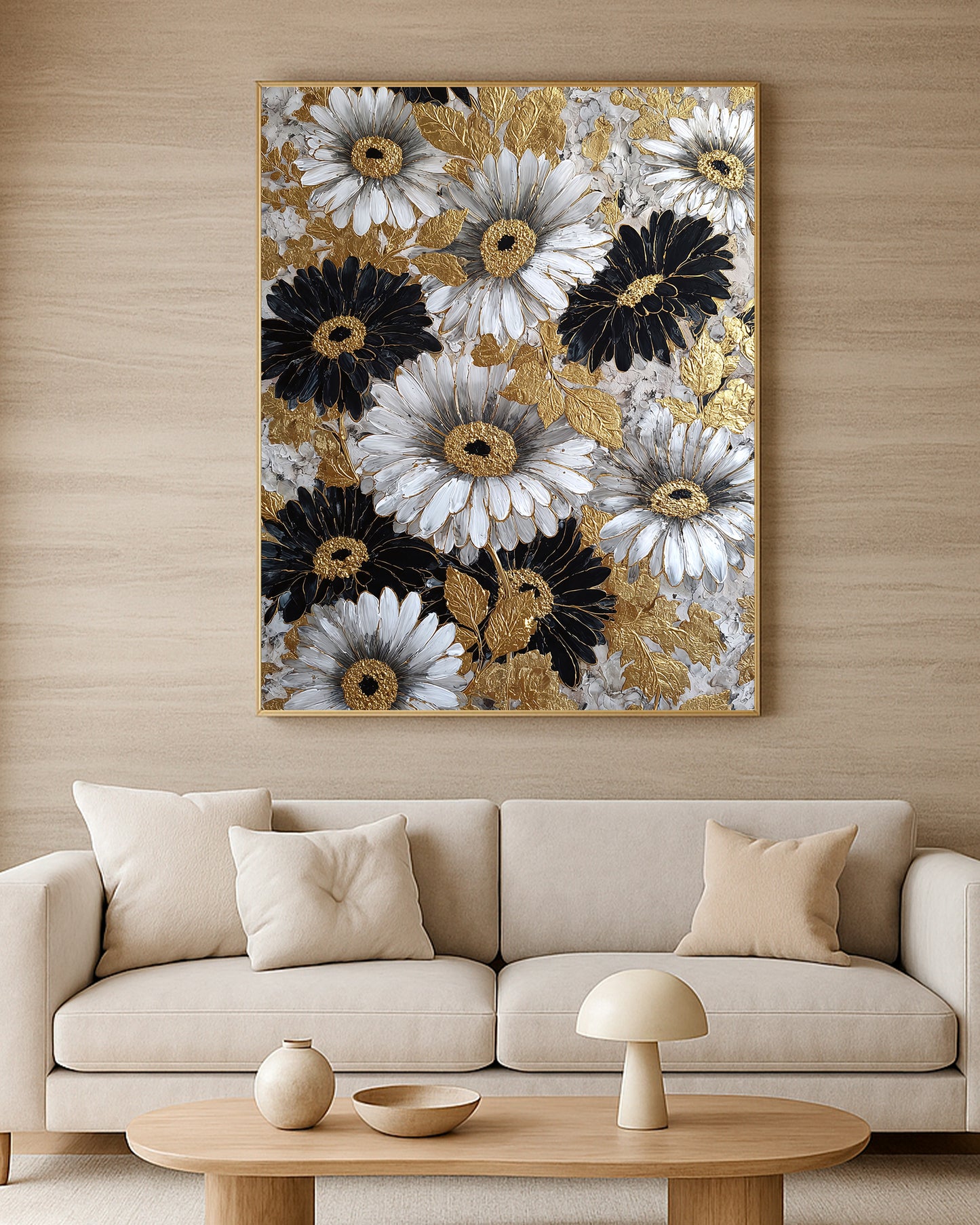 Decorative daisy floral artwork with bold black flowers, white petals, gold centers, and raised gold leaf details.