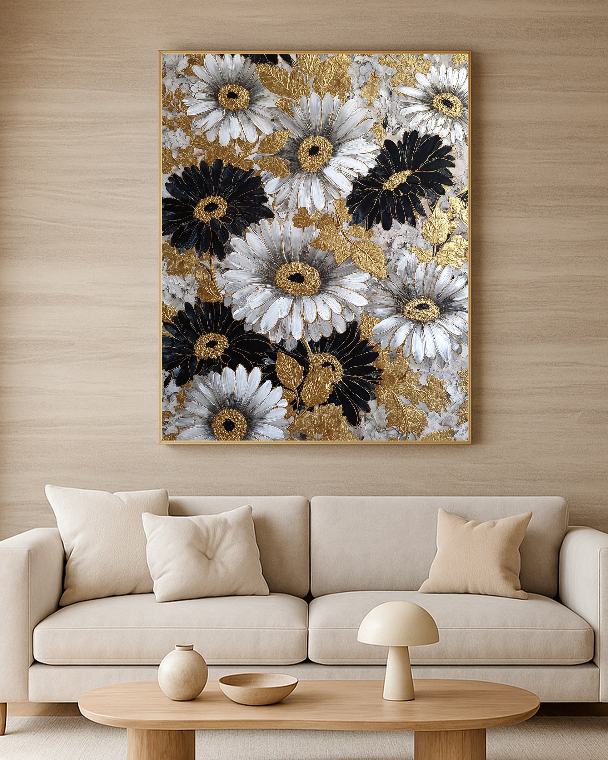 Decorative daisy floral artwork with bold black flowers, white petals, gold centers, and raised gold leaf details.