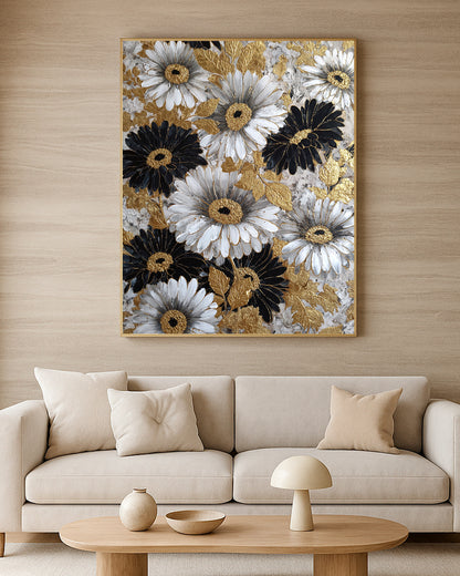 Decorative daisy floral artwork with bold black flowers, white petals, gold centers, and raised gold leaf details.