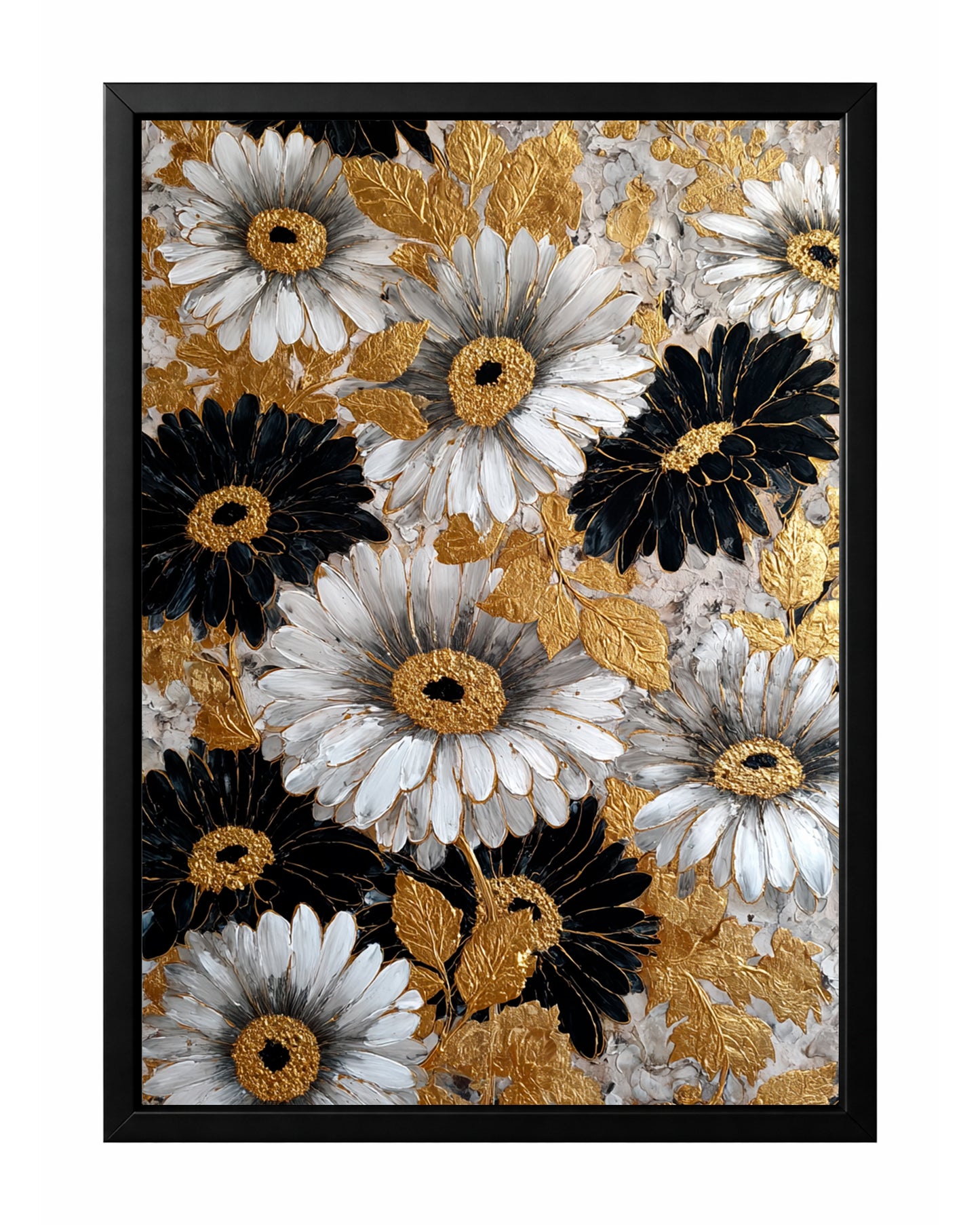 Black and white daisy floral wall art with textured gold leaves and metallic flower centers.