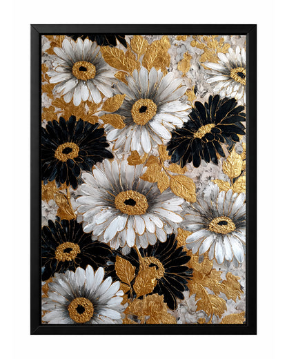 Black and white daisy floral wall art with textured gold leaves and metallic flower centers.