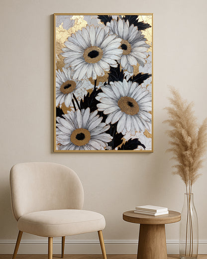 Elegant botanical artwork featuring large white daisies, black foliage, and warm metallic gold texture.