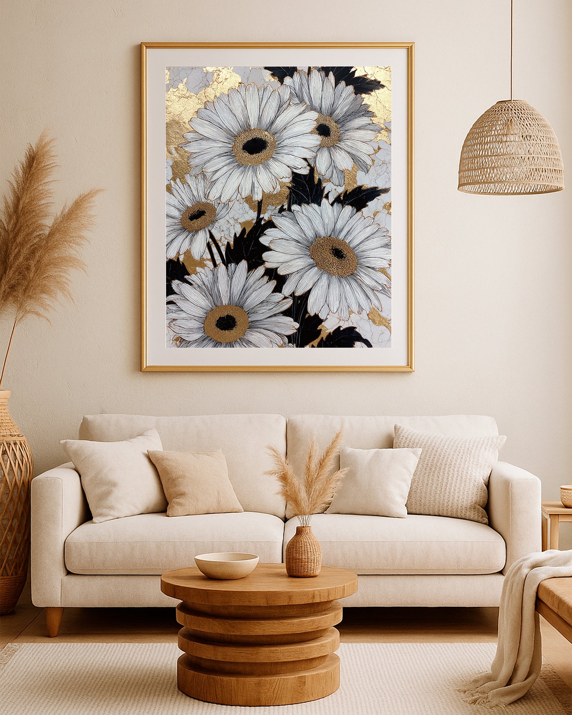 Textured white daisy print with gold flower centers, dark leaves, and a refined floral composition.