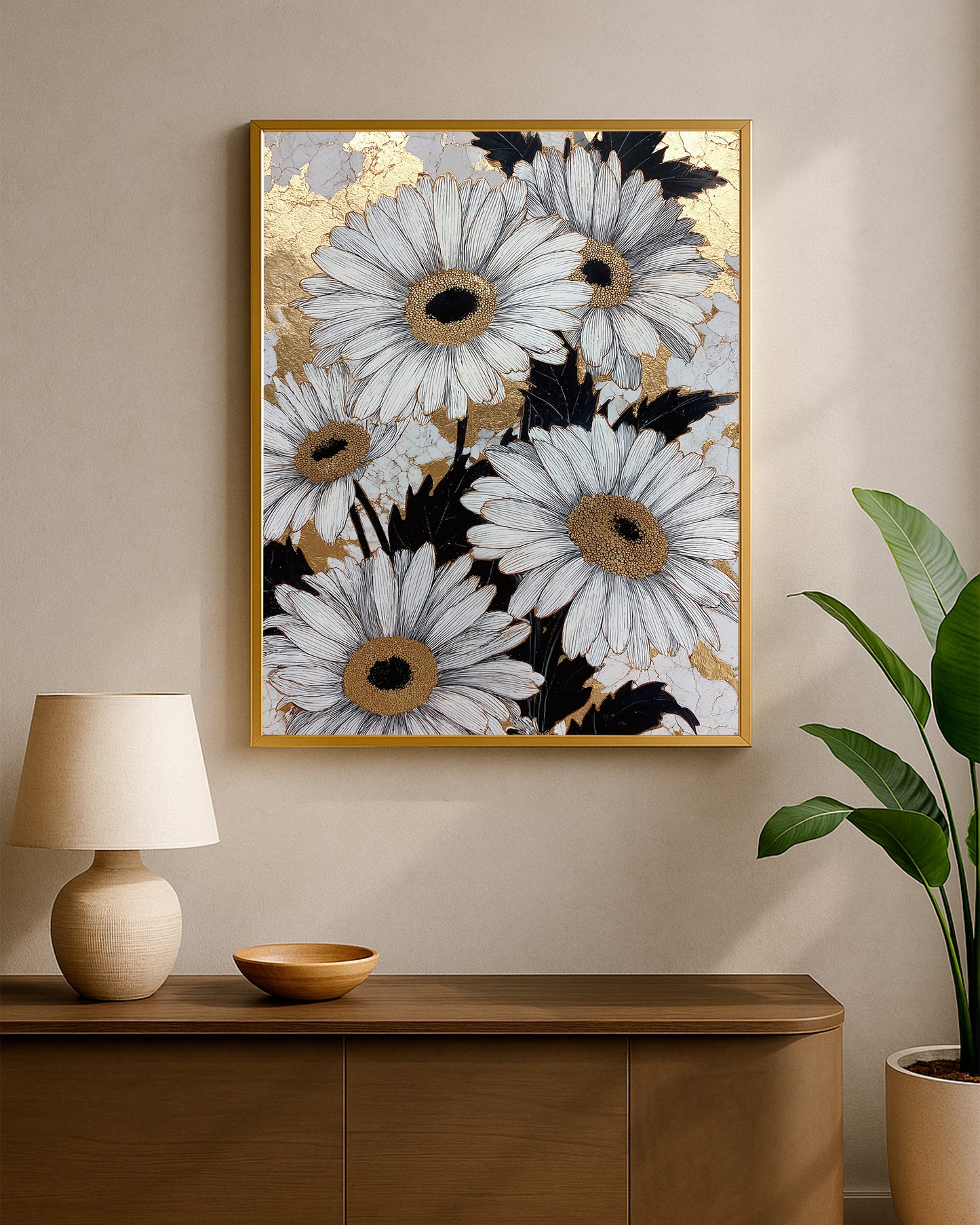 Floral wall art showing white daisies over black leaves and a gold stone-style background.