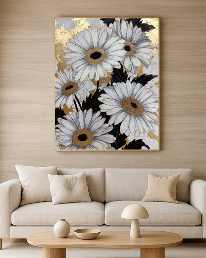 Luxury daisy artwork with white petals, black botanical shapes, and rich gold decorative accents.