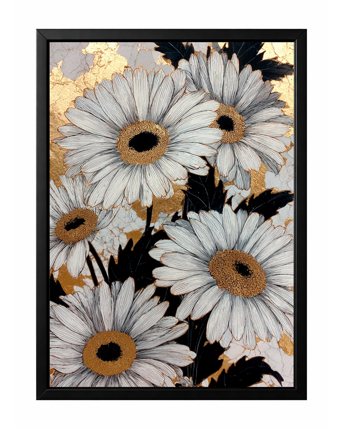 White daisy floral wall art with black leaves, gold centers, and a cracked gold background.