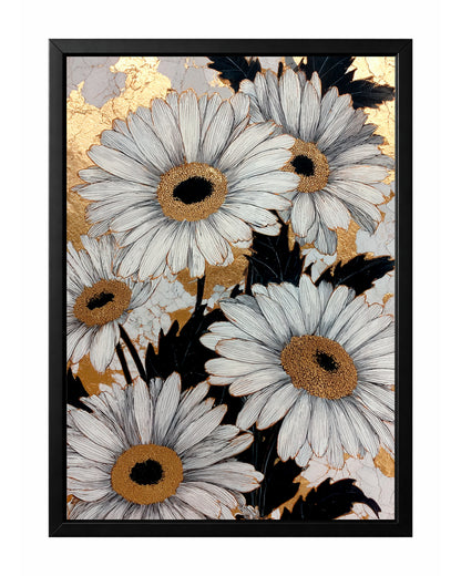 White daisy floral wall art with black leaves, gold centers, and a cracked gold background.