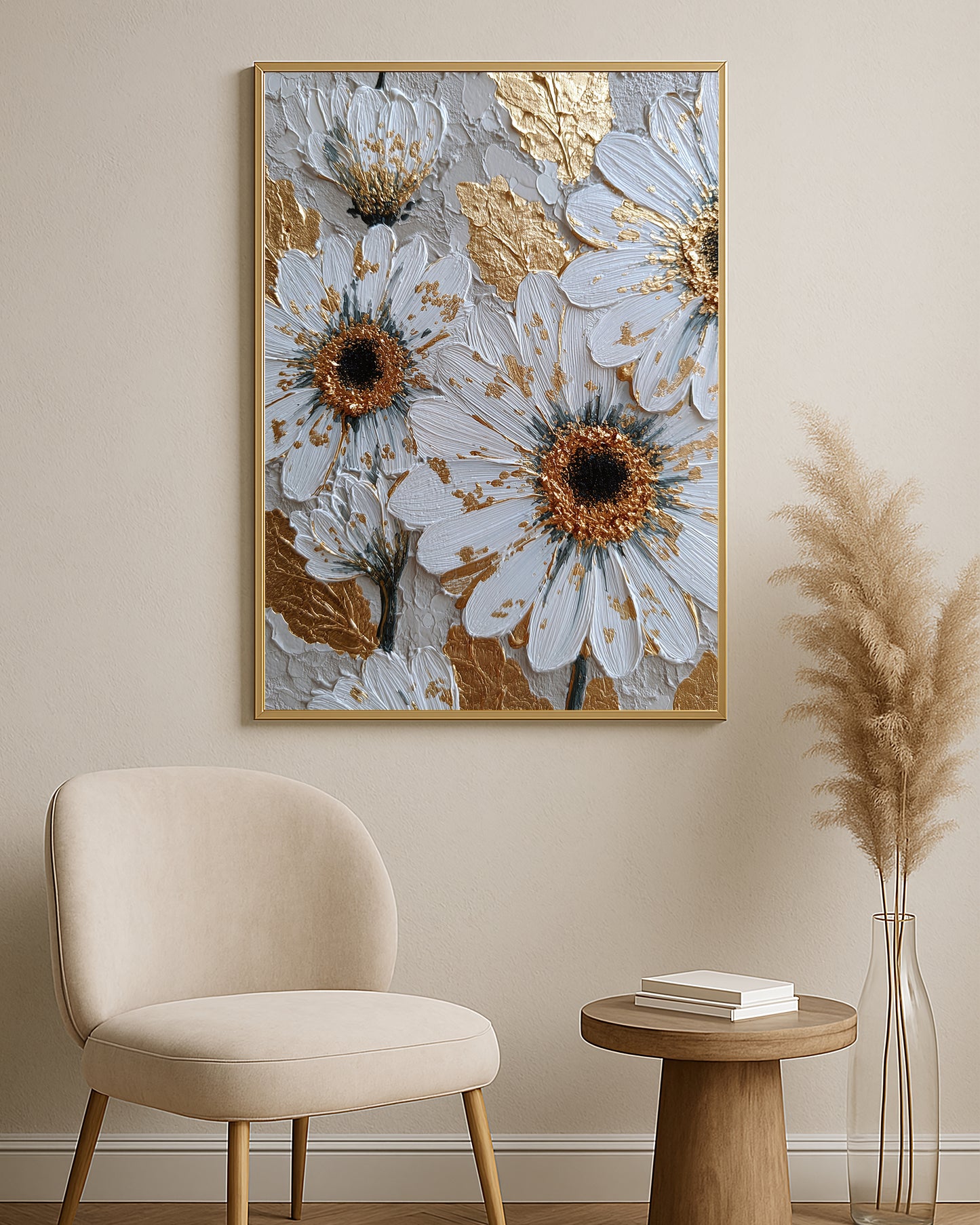 Textured floral artwork featuring white daisies, soft gray shadows, gold leaves, and detailed petal texture.