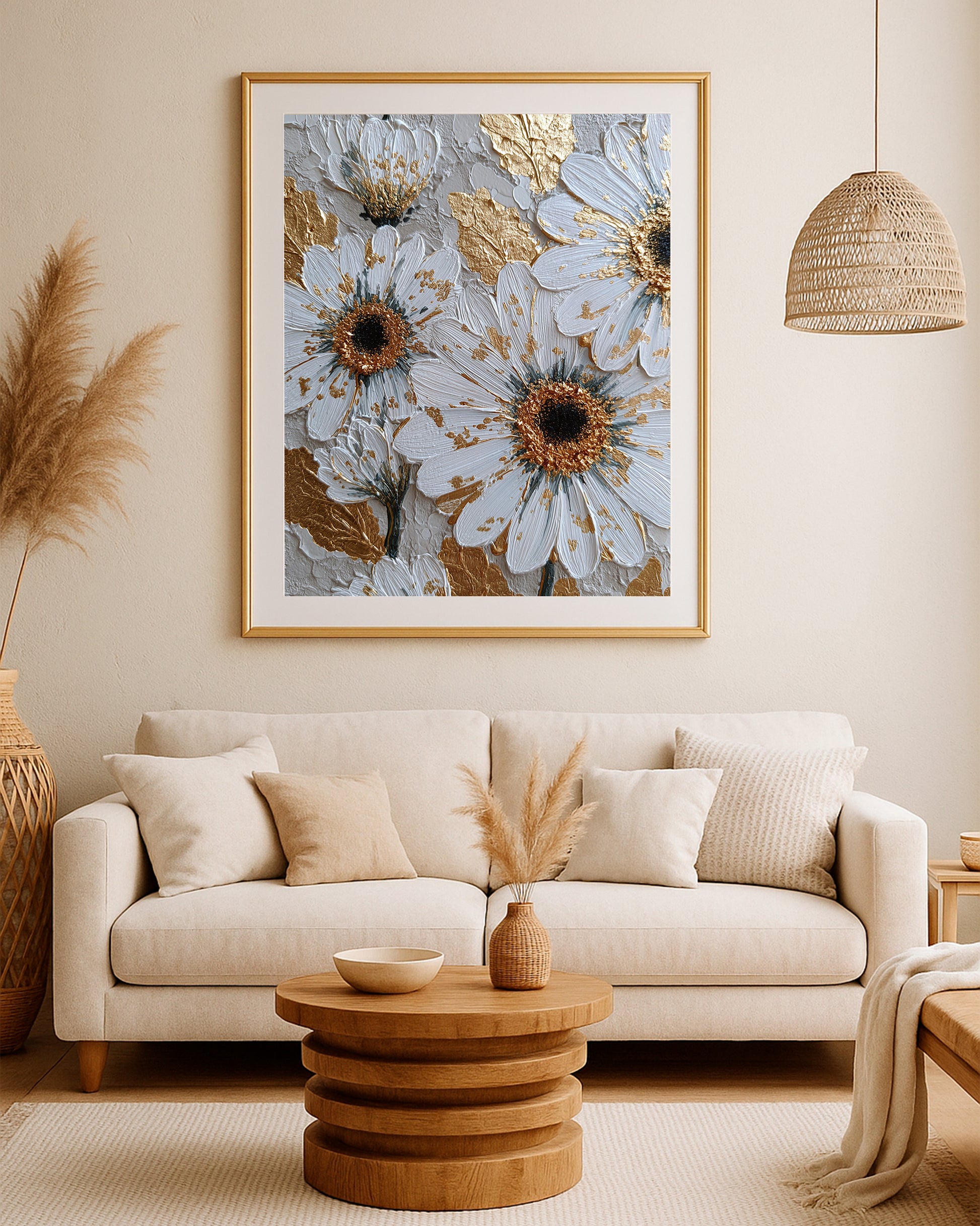 Elegant white daisy print with metallic gold highlights and a layered neutral botanical background.