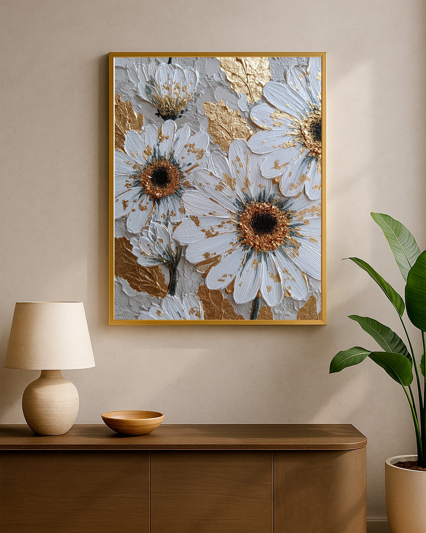 Luxury floral wall art showing close-up daisies with gold centers, gray tones, and raised leaf texture.