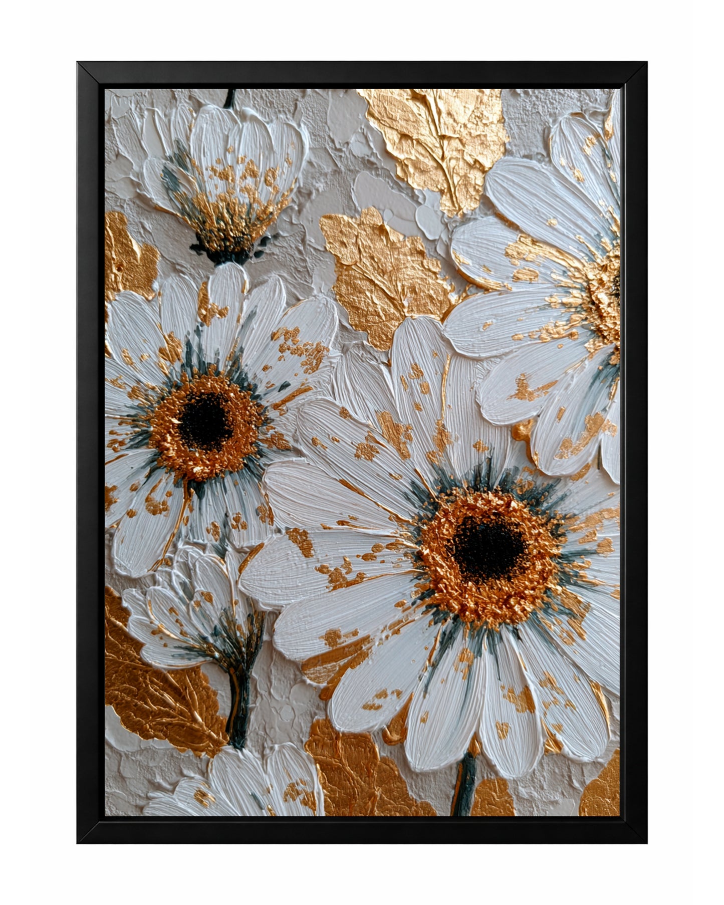 Close-up white daisy wall art with textured petals, dark centers, and raised gold leaf accents.