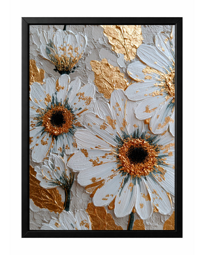 Close-up white daisy wall art with textured petals, dark centers, and raised gold leaf accents.