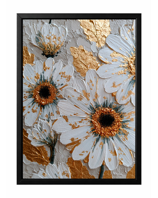 Close-up white daisy wall art with textured petals, dark centers, and raised gold leaf accents.