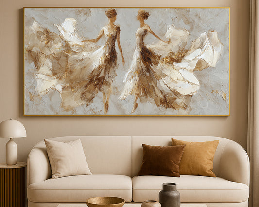 Wide abstract figure artwork featuring two dancers surrounded by sweeping cream, beige, and gold painterly forms.