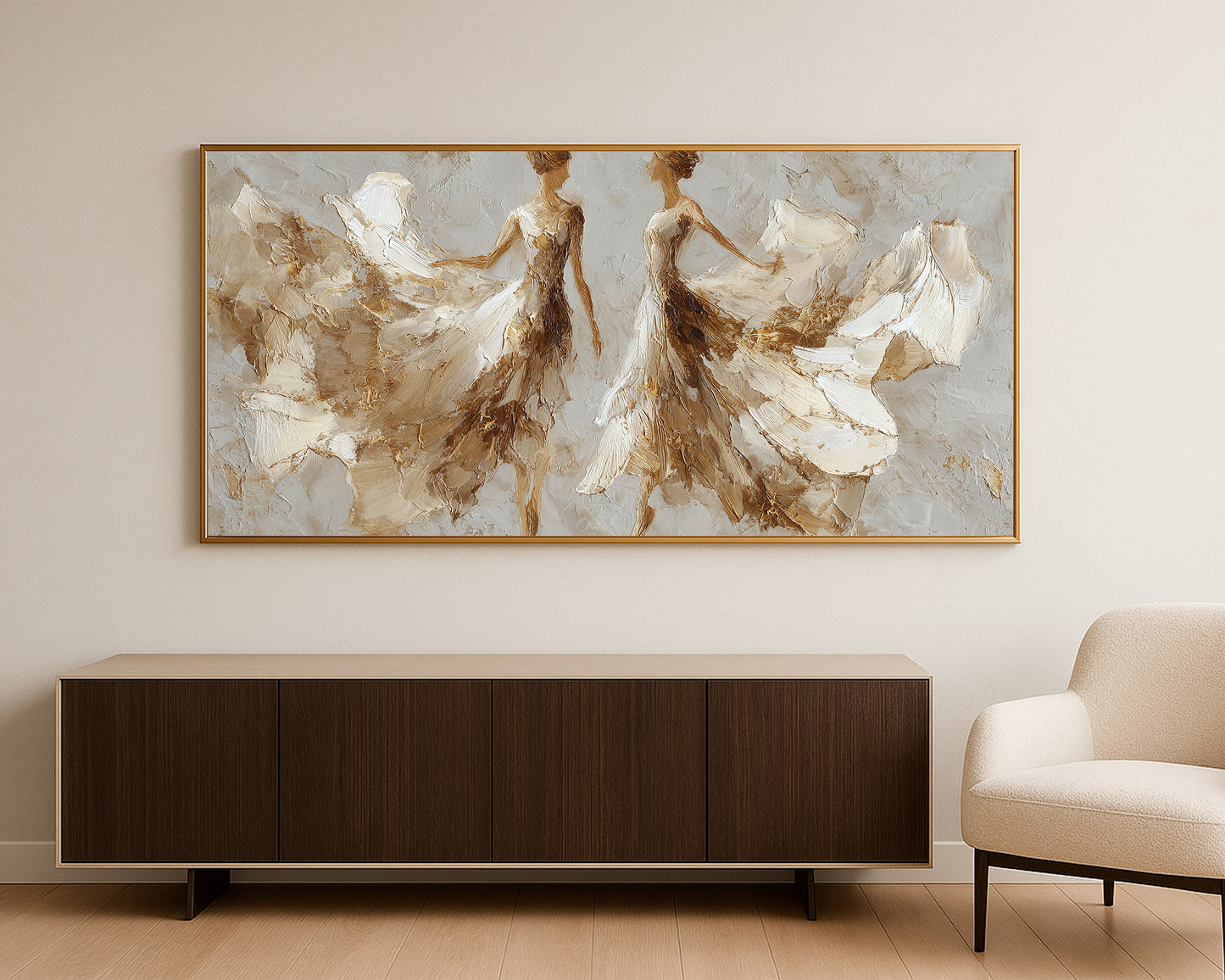 Elegant panoramic wall art showing two soft dancer silhouettes with flowing ivory textures and warm gold detail.