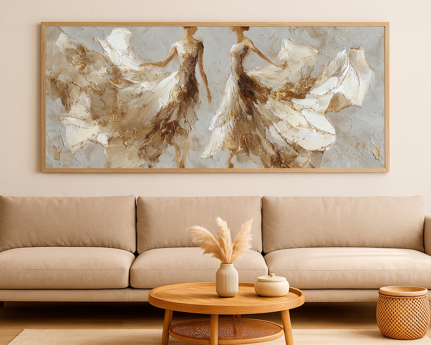 Fine art dancer print with airy movement, neutral cream background, taupe shadows, and refined gold highlights.