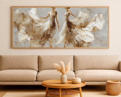 Fine art dancer print with airy movement, neutral cream background, taupe shadows, and refined gold highlights.