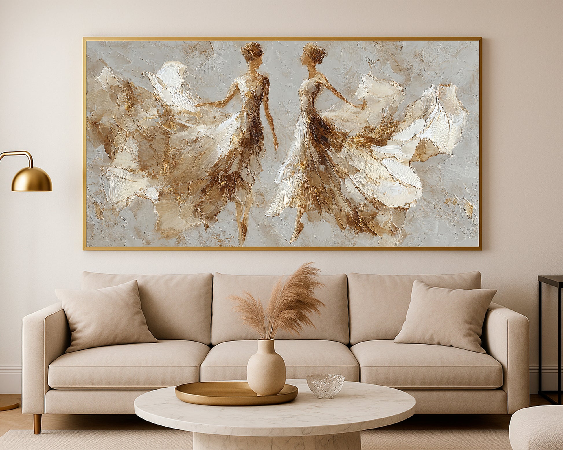 Abstract panoramic figure wall art with two dancers, sculptural white brushwork, and warm neutral texture.