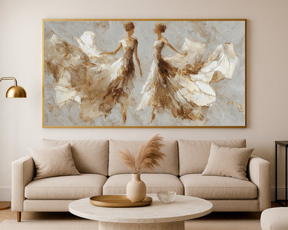 Abstract panoramic figure wall art with two dancers, sculptural white brushwork, and warm neutral texture.