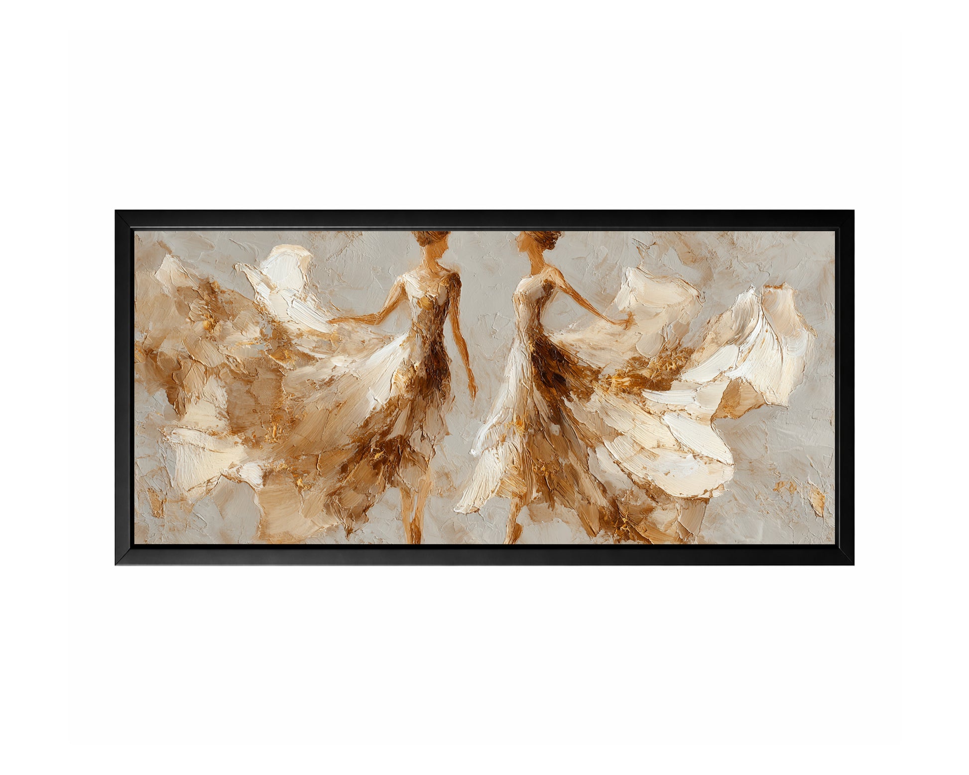 Panoramic dancer figure wall art with two elegant forms, ivory movement, warm taupe texture, and gold accents.