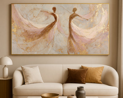 Wide fine art print showing two dancer silhouettes in blush, ivory, beige, and gold tones.
