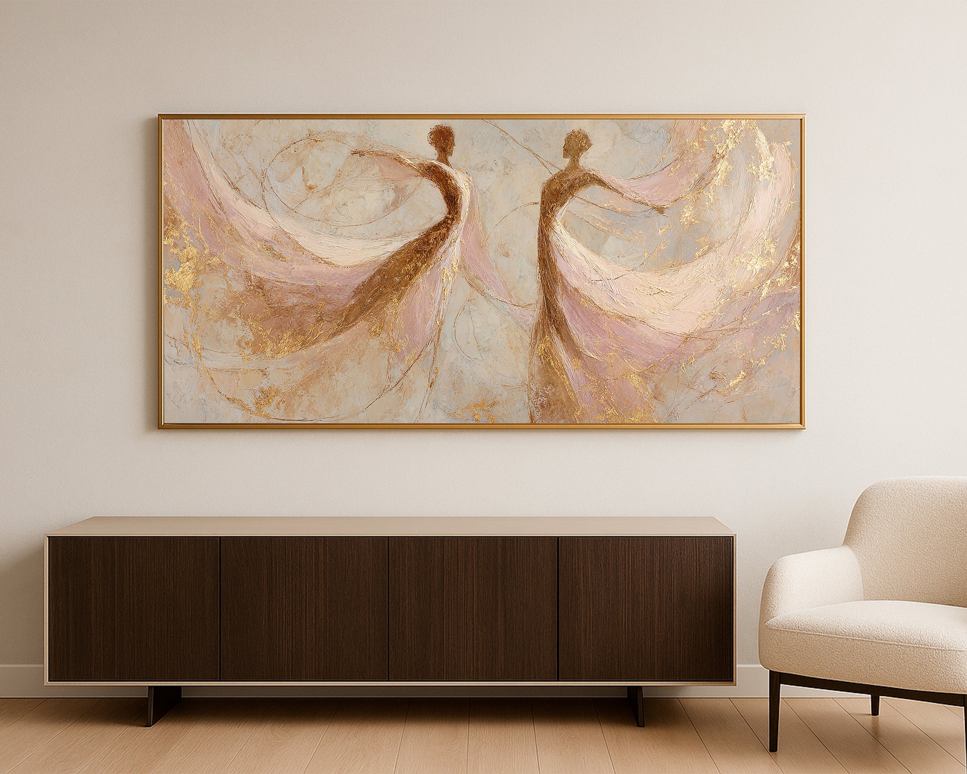 Abstract dancer figure artwork with soft pink movement, warm gold accents, and airy panoramic composition.