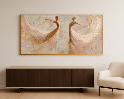 Abstract dancer figure artwork with soft pink movement, warm gold accents, and airy panoramic composition.