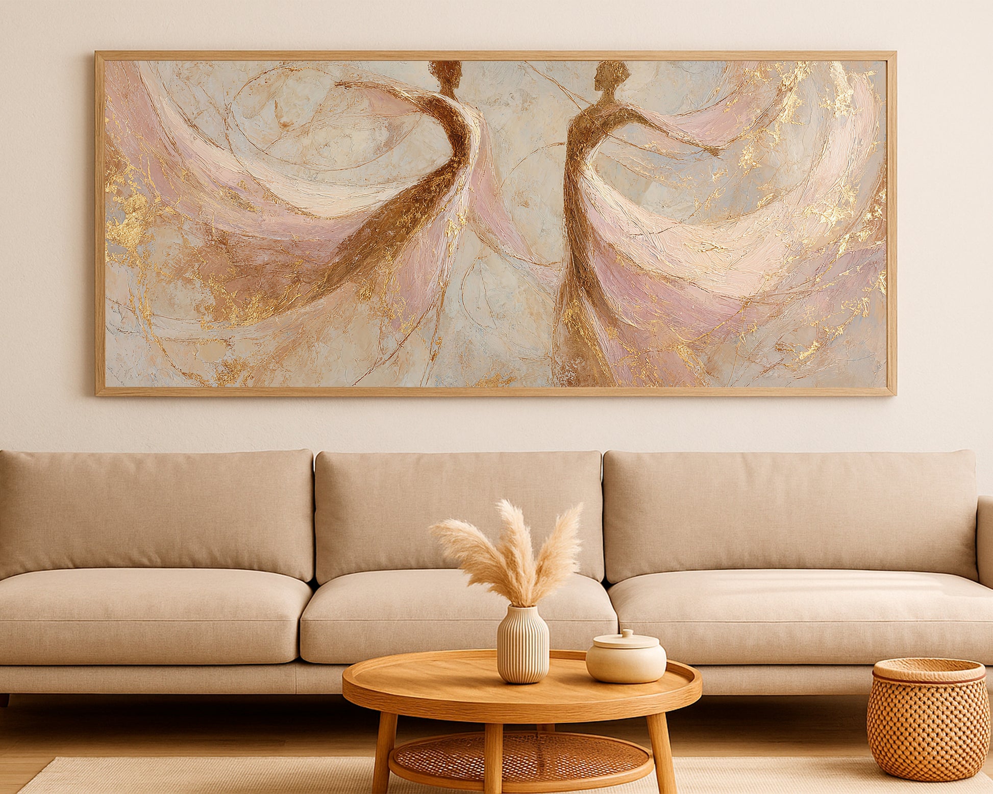 Elegant panoramic wall art featuring two flowing figures with delicate blush layers and metallic-style gold detail.