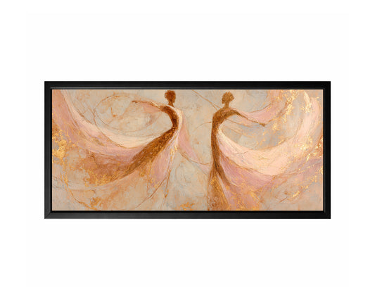 Panoramic blush gold dancer wall art with two abstract figures, flowing fabric shapes, and soft neutral texture.