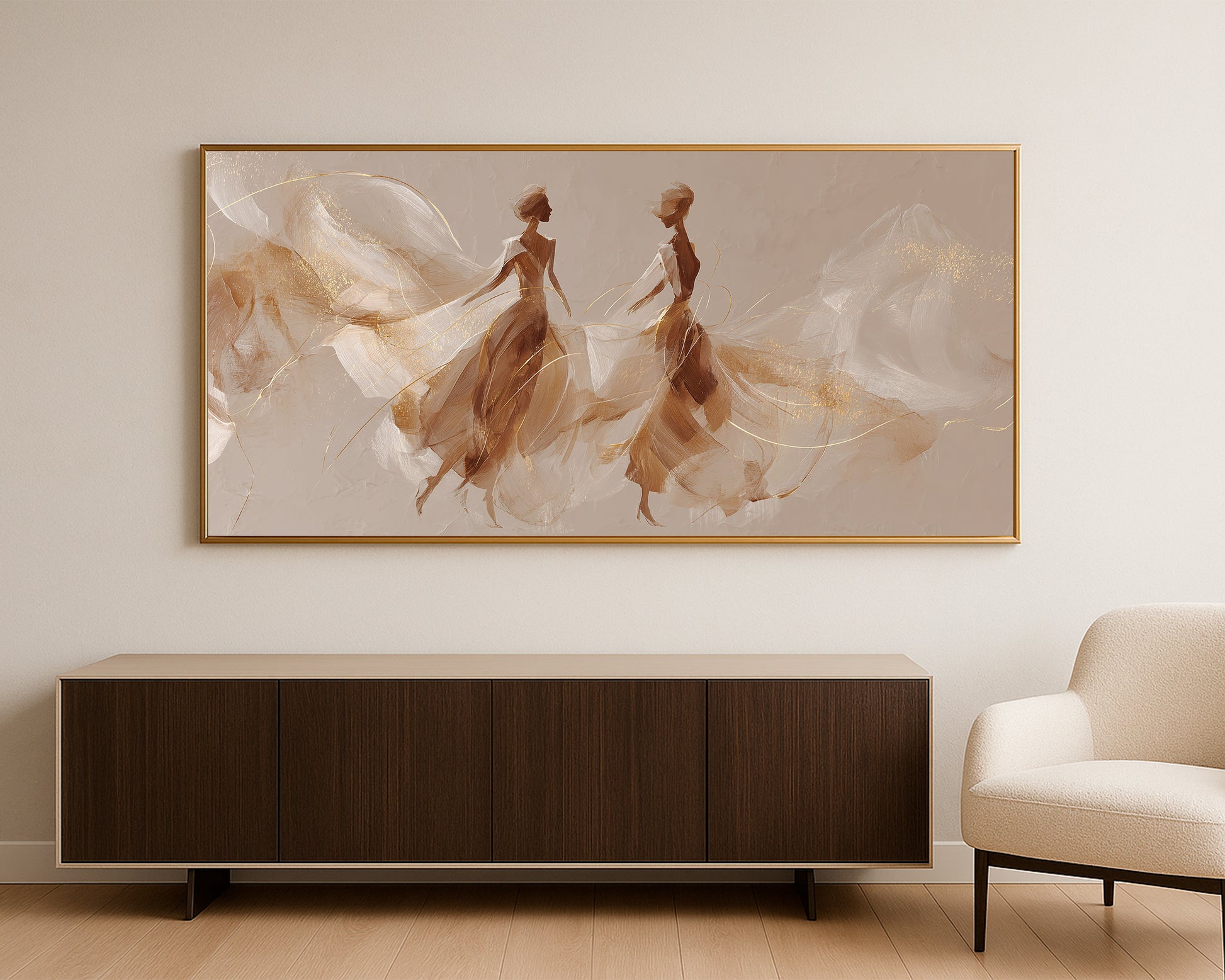 Elegant panoramic wall art showing two dancer silhouettes with flowing neutral movement and refined gold detail.