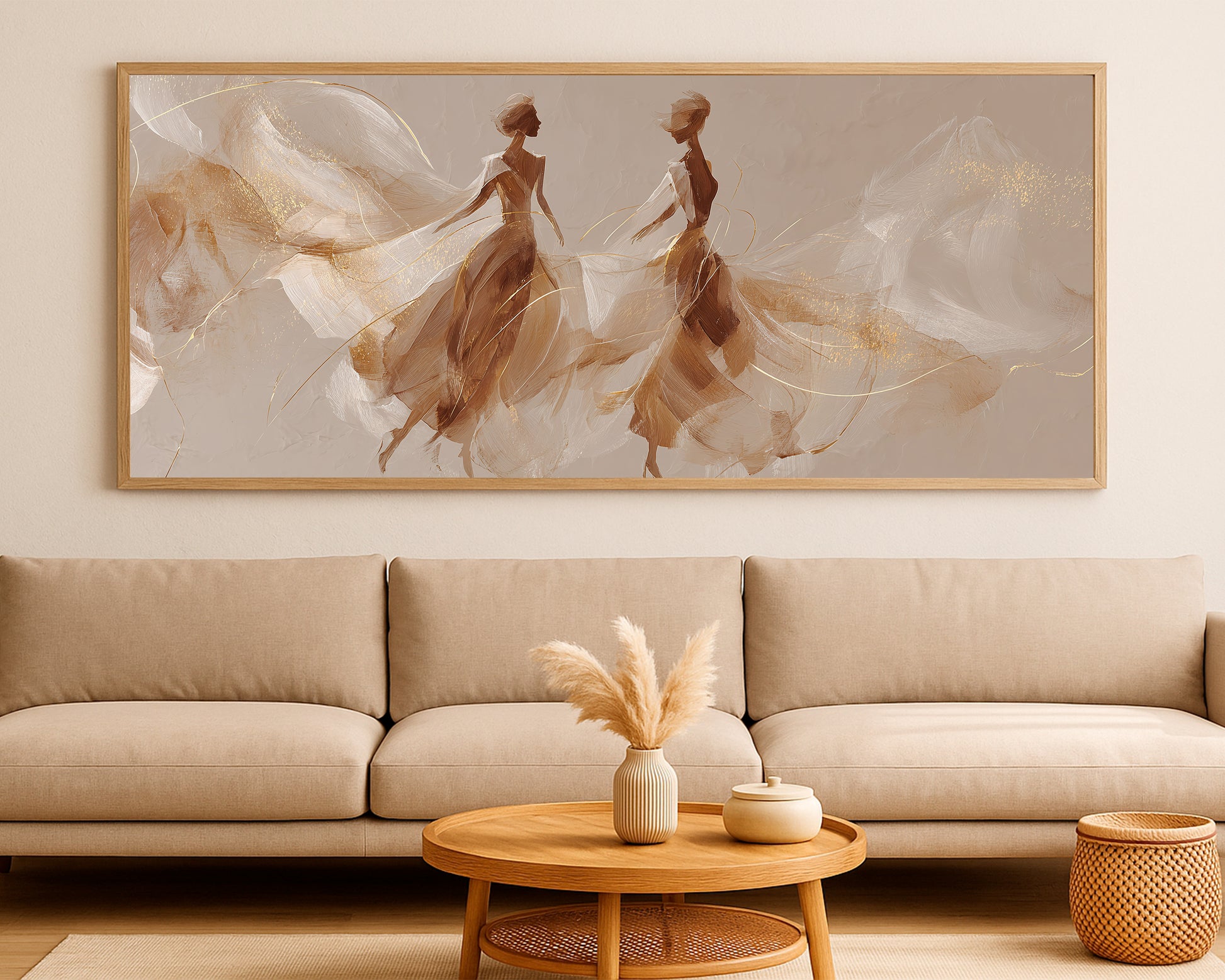 Fine art dancer print with airy fabric-like motion, warm neutral background, and textured painterly surface.